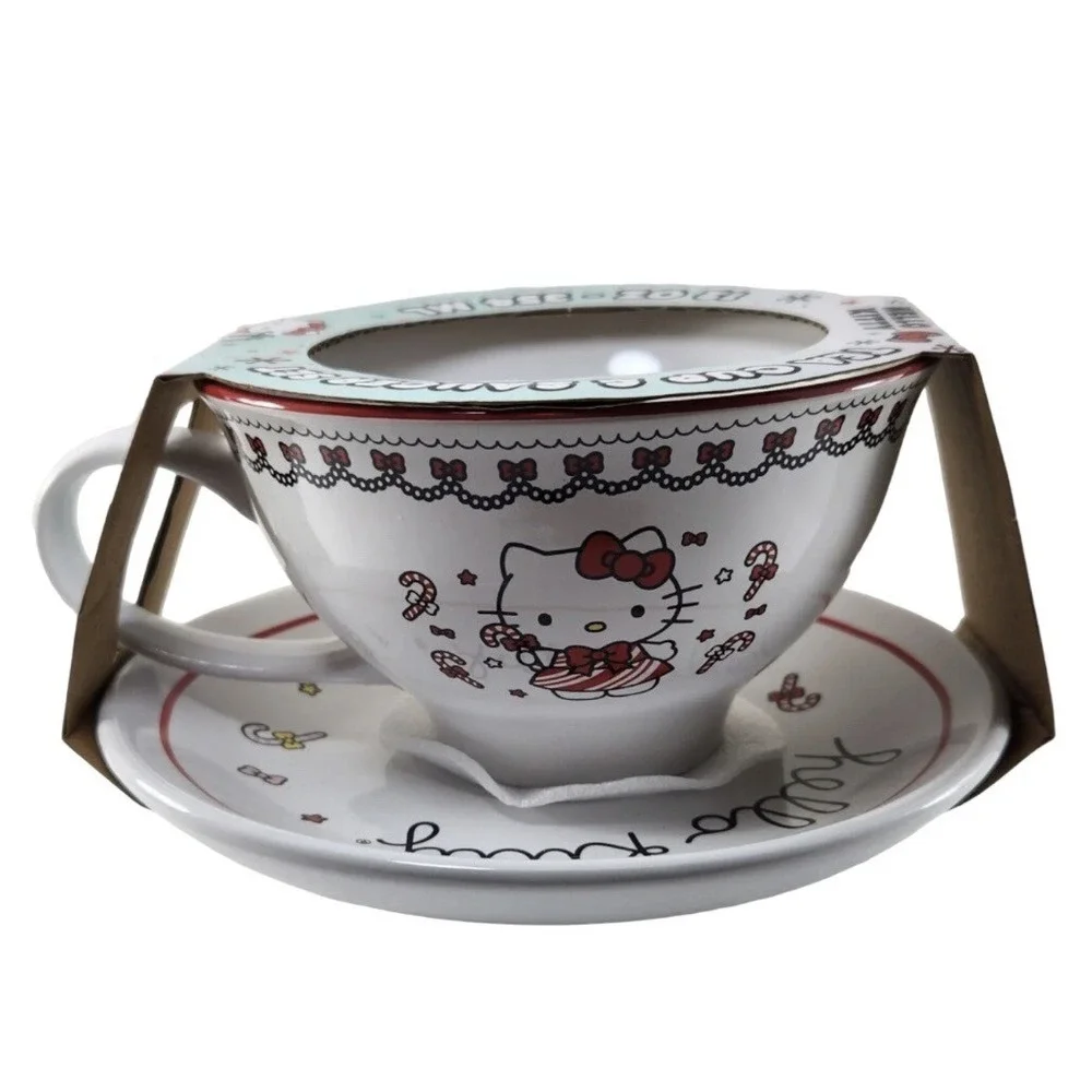 Hello Kitty Tea Cup & Saucer Set 12oz Silver Buffalo Holiday Candy Cane SIL34783